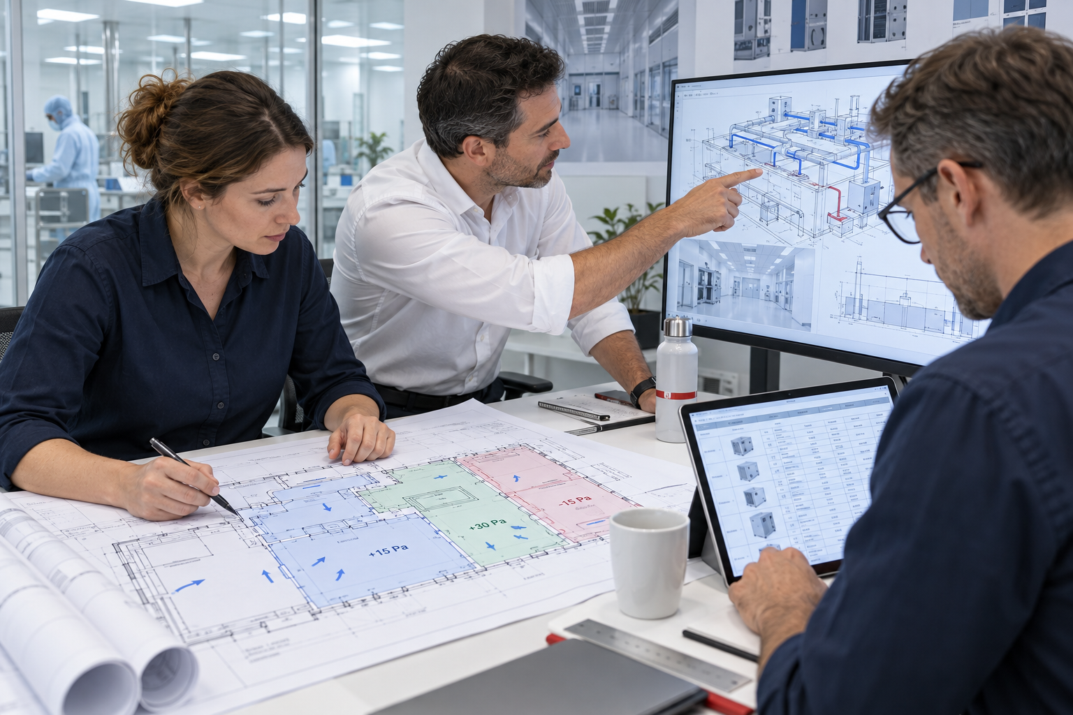Equipo de ingeniería trabajando en planos y diseño de ambientes controlados
